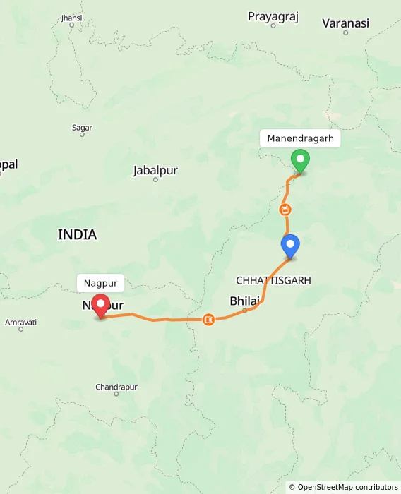 Route map showing distance and travel time from Manendragarh, India to Nagpur, India