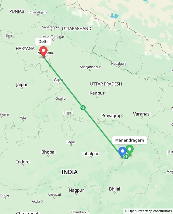 Route map showing distance and travel time from Manendragarh, India to Delhi, India