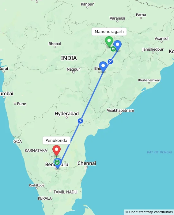 Route map showing distance and travel time from Manendragarh, India to Penukonda, India