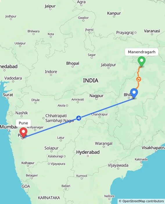 Route map showing distance and travel time from Manendragarh, India to Pune, India
