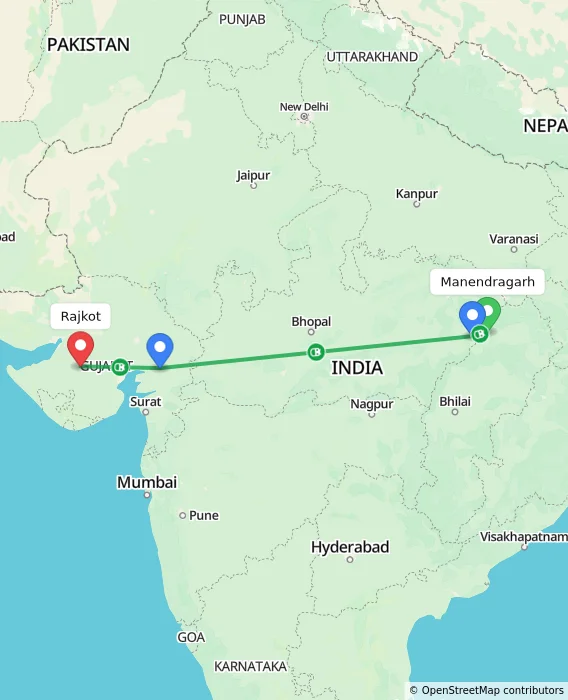 Route map showing distance and travel time from Manendragarh, India to Rajkot, India