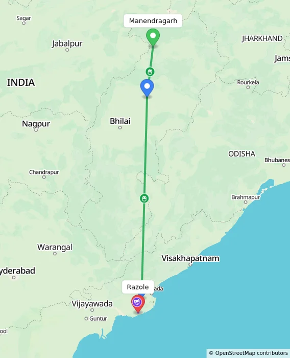Route map showing distance and travel time from Manendragarh, India to Razole, India