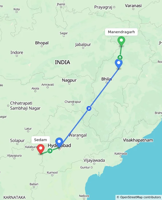 Route map showing distance and travel time from Manendragarh, India to Sedam, India