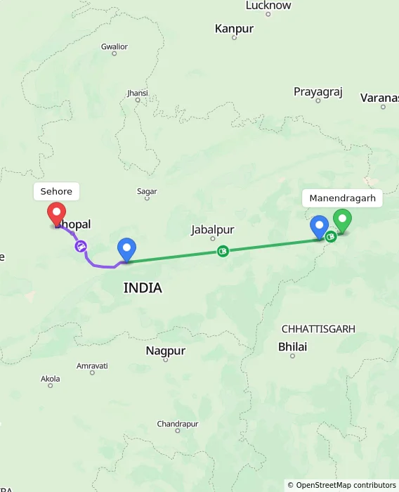 Route map showing distance and travel time from Manendragarh, India to Sehore, India