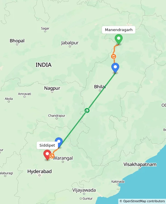 Route map showing distance and travel time from Manendragarh, India to Siddipet, India