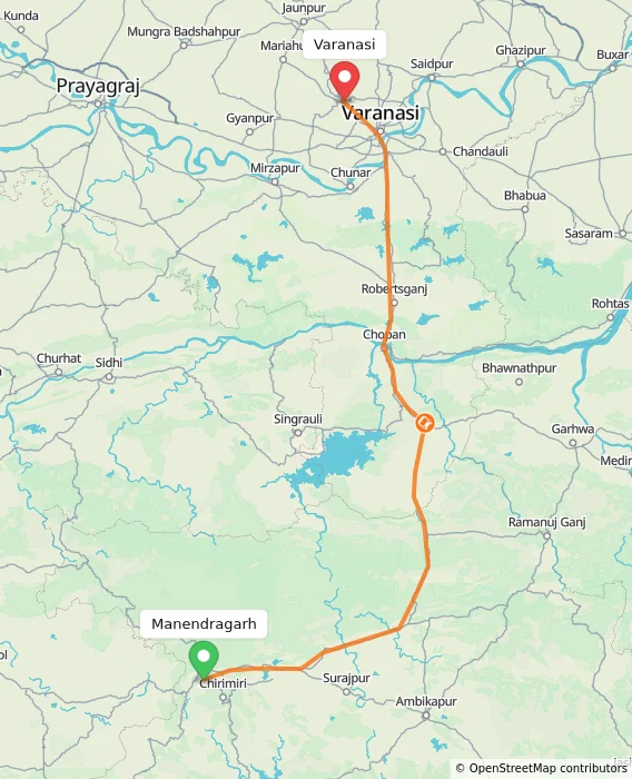 Route map showing distance and travel time from Manendragarh, India to Varanasi, India