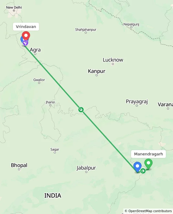 Route map showing distance and travel time from Manendragarh, India to Vrindavan, India