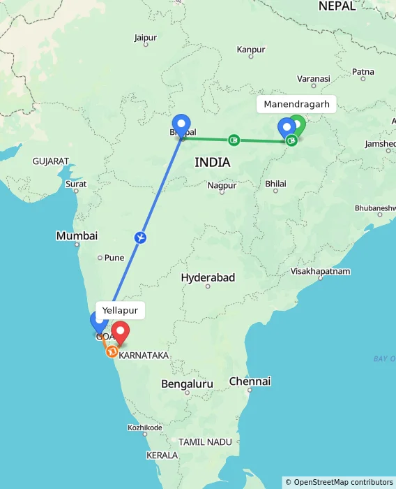 Route map showing distance and travel time from Manendragarh, India to Yellapur, India