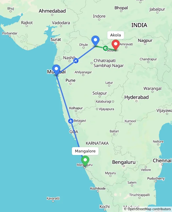 Route map showing distance and travel time from Mangalore, India to Akola, India