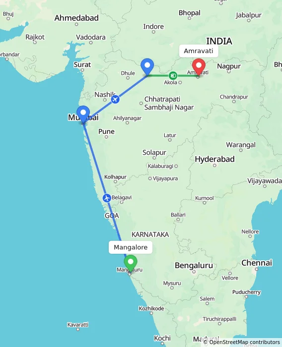 Route map showing distance and travel time from Mangalore, India to Amravati, India