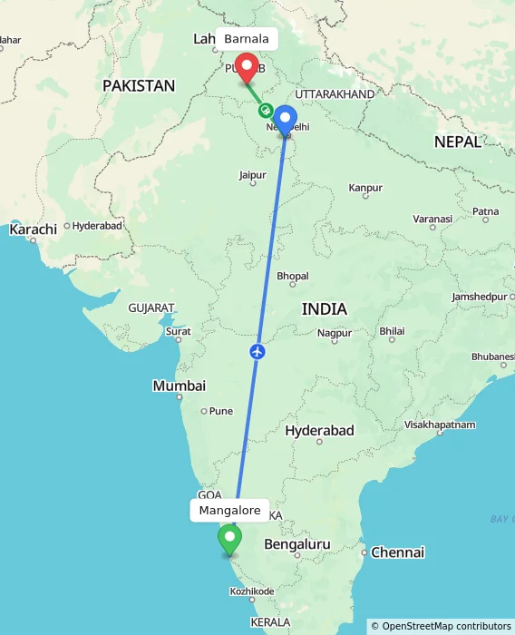 Route map showing distance and travel time from Mangalore, India to Barnala, India
