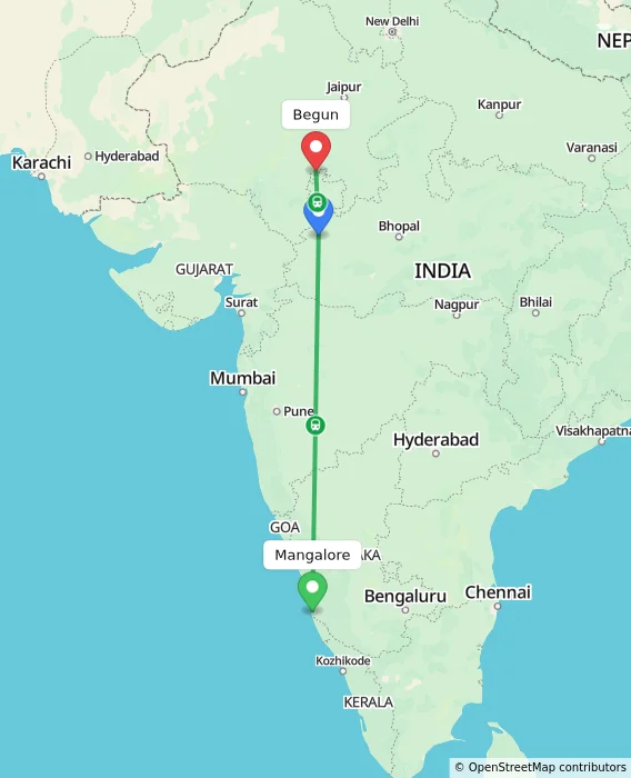 Route map showing distance and travel time from Mangalore, India to Begun, India