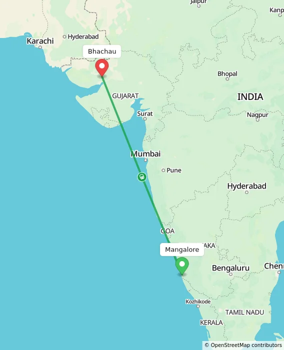 Route map showing distance and travel time from Mangalore, India to Bhachau, India