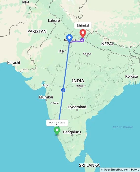 Route map showing distance and travel time from Mangalore, India to Bhimtal, India