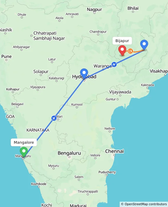 Route map showing distance and travel time from Mangalore, India to Bijapur, India