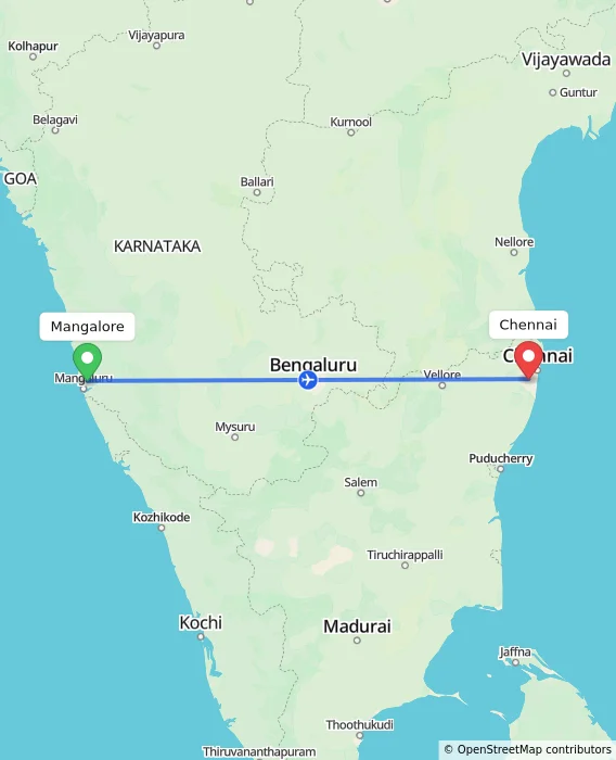 Route map showing distance and travel time from Mangalore, India to Chennai, India