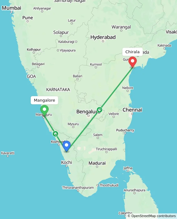 Route map showing distance and travel time from Mangalore, India to Chirala, India