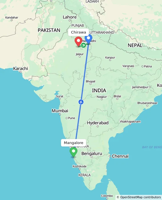 Route map showing distance and travel time from Mangalore, India to Chirawa, India