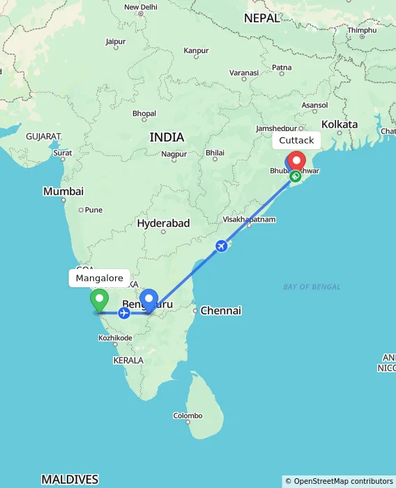 Route map showing distance and travel time from Mangalore, India to Cuttack, India