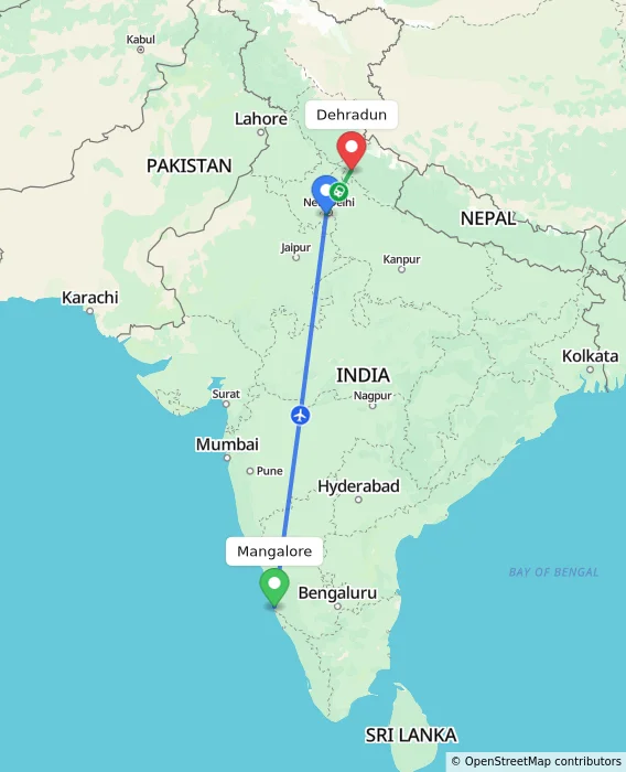 Route map showing distance and travel time from Mangalore, India to Dehradun, India