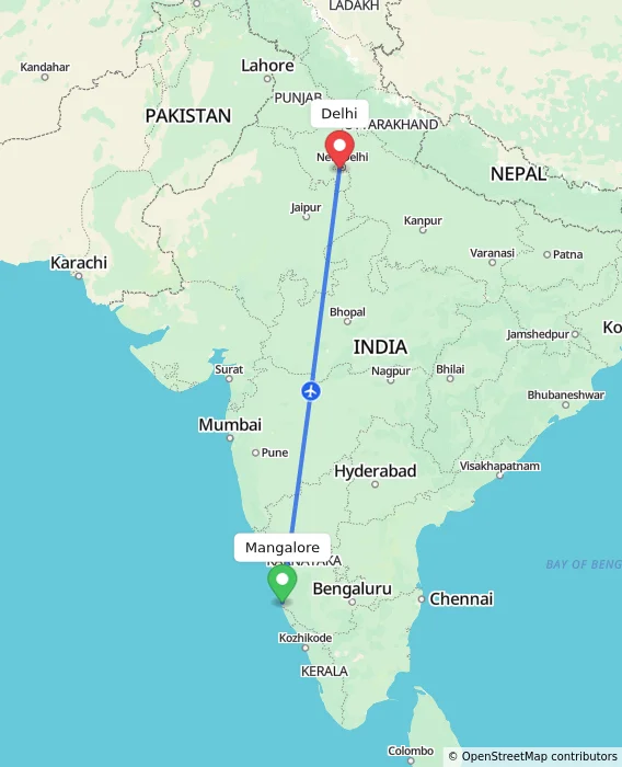 Route map showing distance and travel time from Mangalore, India to Delhi, India