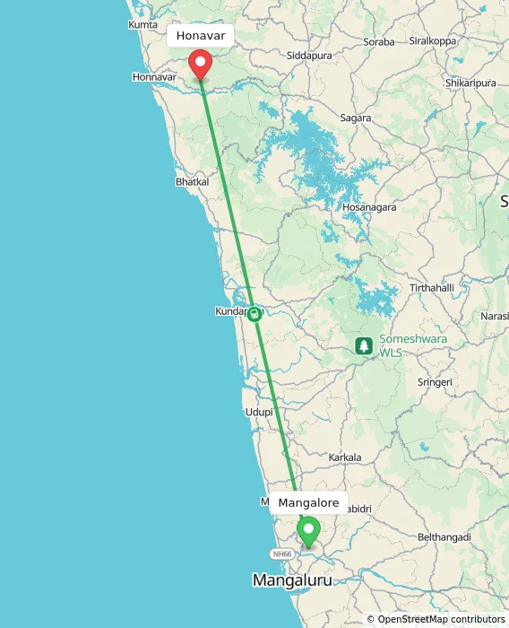 Route map showing distance and travel time from Mangalore, India to Honavar, India
