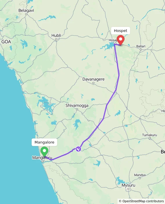 Route map showing distance and travel time from Mangalore, India to Hospet, India