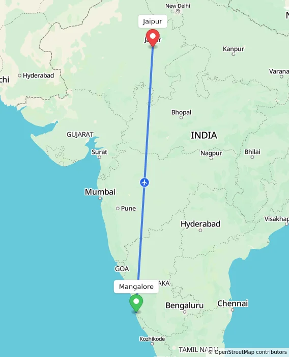 Route map showing distance and travel time from Mangalore, India to Jaipur, India