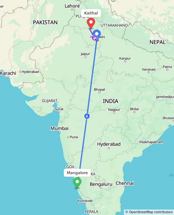 Route map showing distance and travel time from Mangalore, India to Kaithal, India