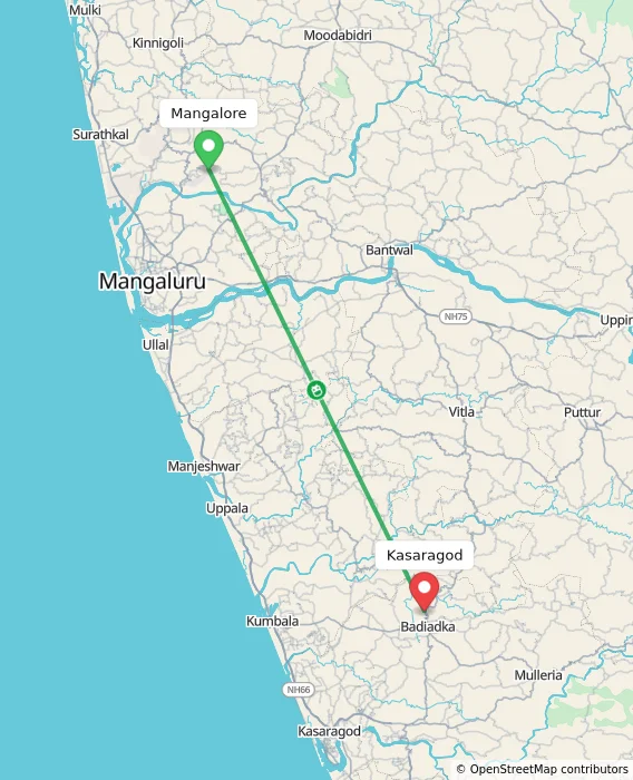 Route map showing distance and travel time from Mangalore, India to Kasaragod, India