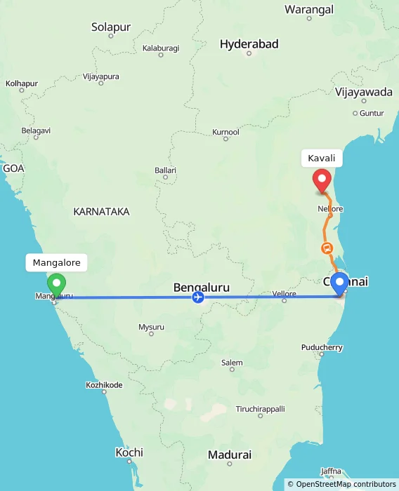 Route map showing distance and travel time from Mangalore, India to Kavali, India