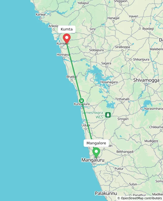 Route map showing distance and travel time from Mangalore, India to Kumta, India