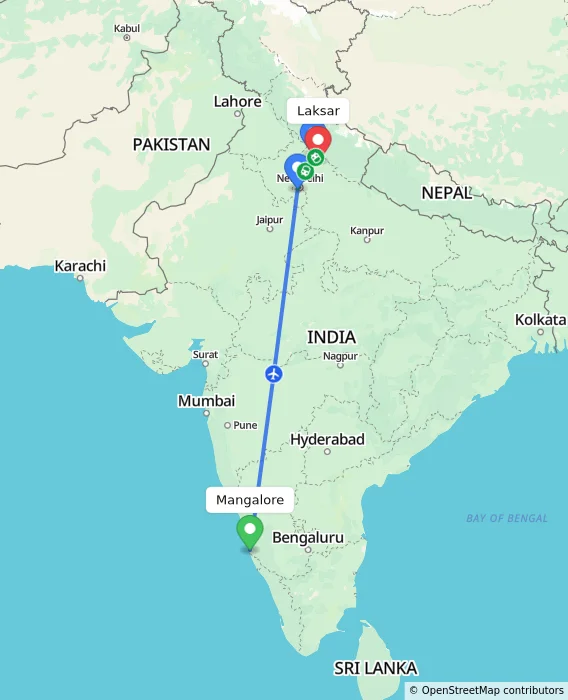 Route map showing distance and travel time from Mangalore, India to Laksar, India