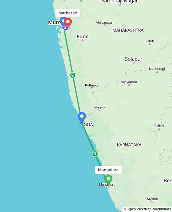 Route map showing distance and travel time from Mangalore, India to Matheran, India