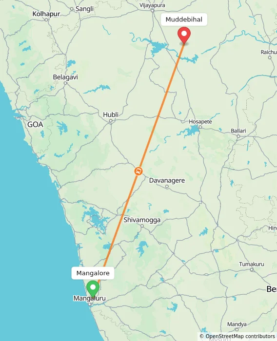 Route map showing distance and travel time from Mangalore, India to Muddebihal, India