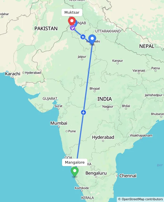 Route map showing distance and travel time from Mangalore, India to Muktsar, India
