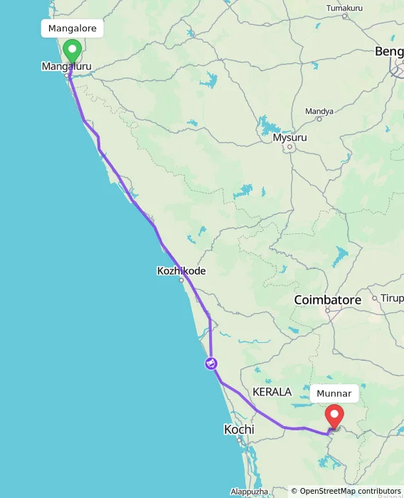 Route map showing distance and travel time from Mangalore, India to Munnar, India