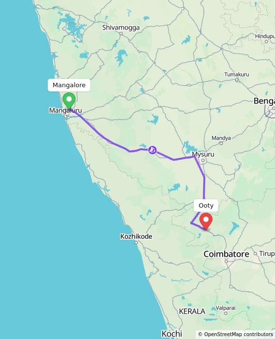 Route map showing distance and travel time from Mangalore, India to Ooty, India
