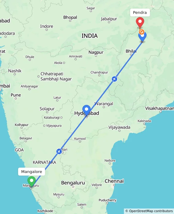 Route map showing distance and travel time from Mangalore, India to Pendra, India