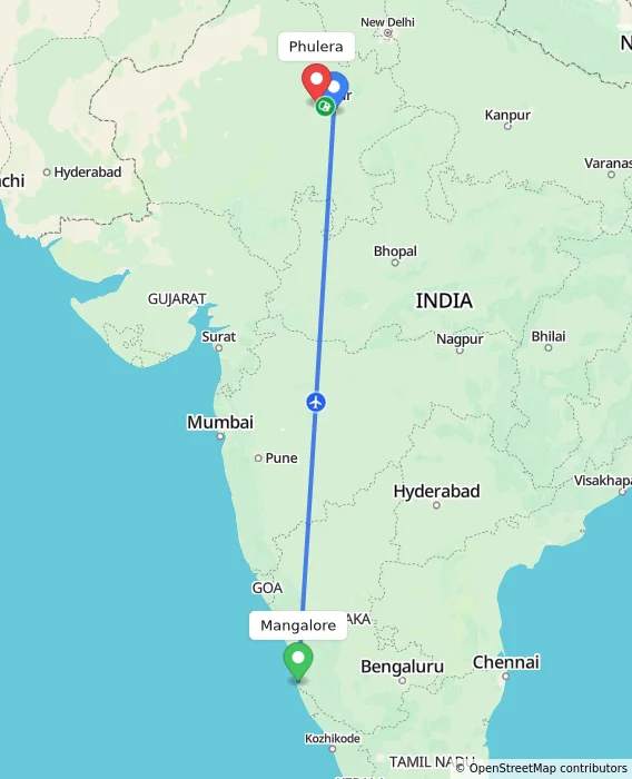 Route map showing distance and travel time from Mangalore, India to Phulera, India