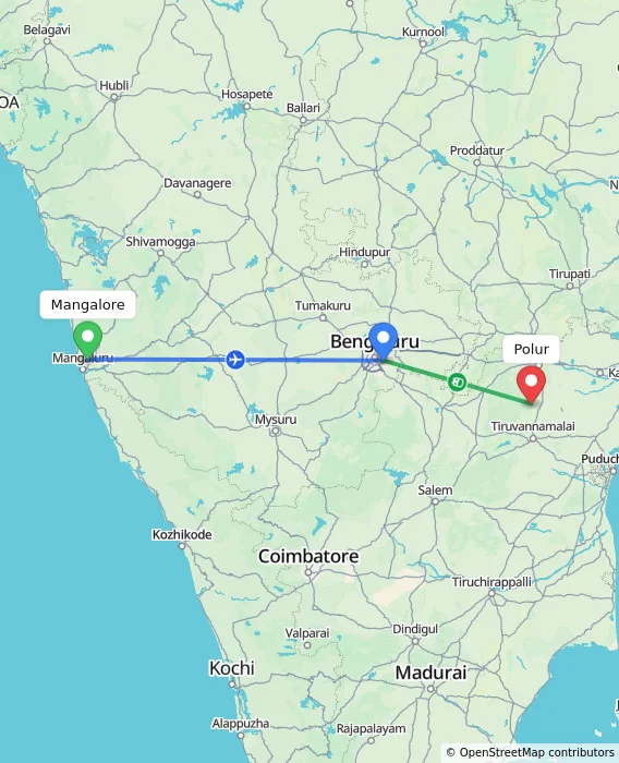 Route map showing distance and travel time from Mangalore, India to Polur, India