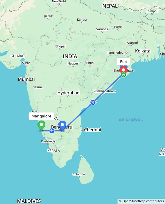 Route map showing distance and travel time from Mangalore, India to Puri, India