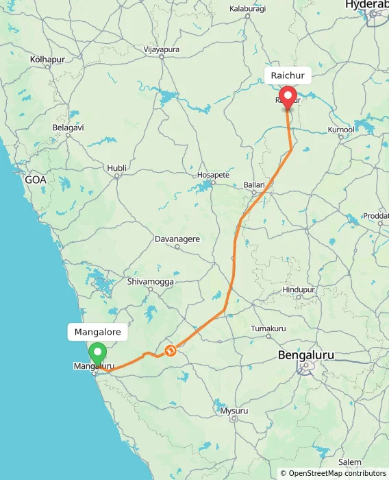 Route map showing distance and travel time from Mangalore, India to Raichur, India
