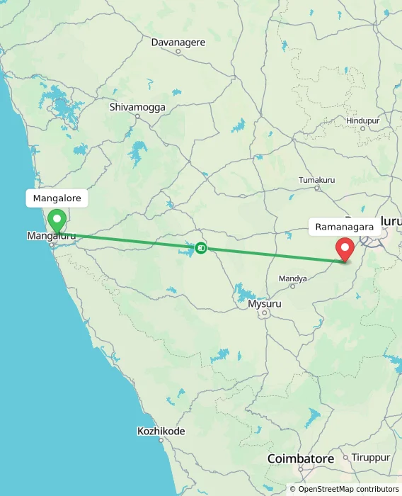 Route map showing distance and travel time from Mangalore, India to Ramanagara, India