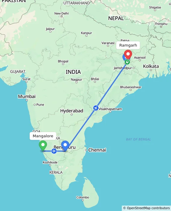 Route map showing distance and travel time from Mangalore, India to Ramgarh, India