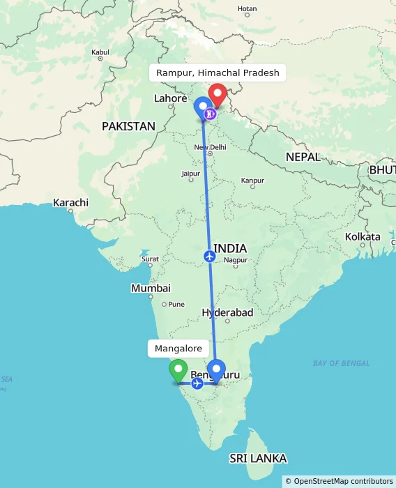 Route map showing distance and travel time from Mangalore, India to Rampur, Himachal Pradesh, India