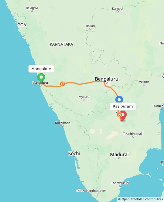 Route map showing distance and travel time from Mangalore, India to Rasipuram, India