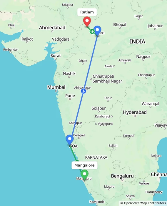 Route map showing distance and travel time from Mangalore, India to Ratlam, India