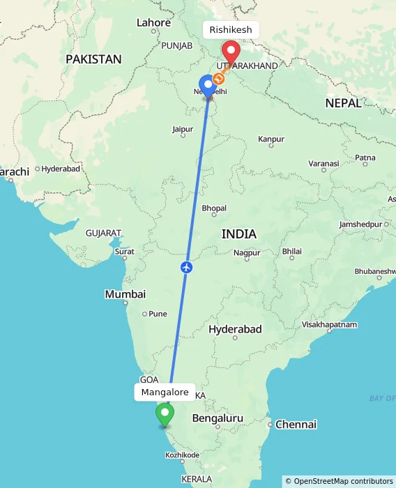 Route map showing distance and travel time from Mangalore, India to Rishikesh, India
