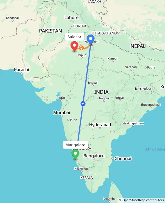 Route map showing distance and travel time from Mangalore, India to Salasar, India